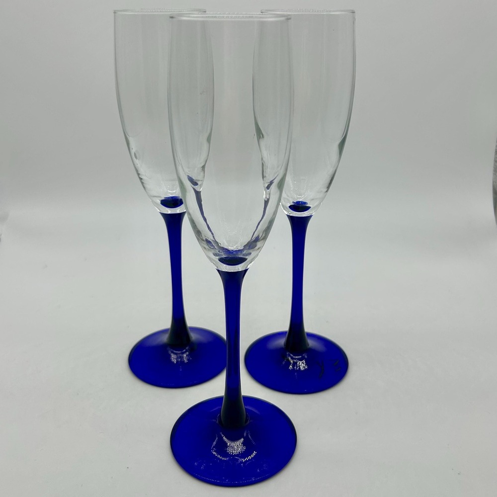 Luminarc France Cobalt Blue Stem Glass Champagne Flutes Glasses Vintage Set of 3